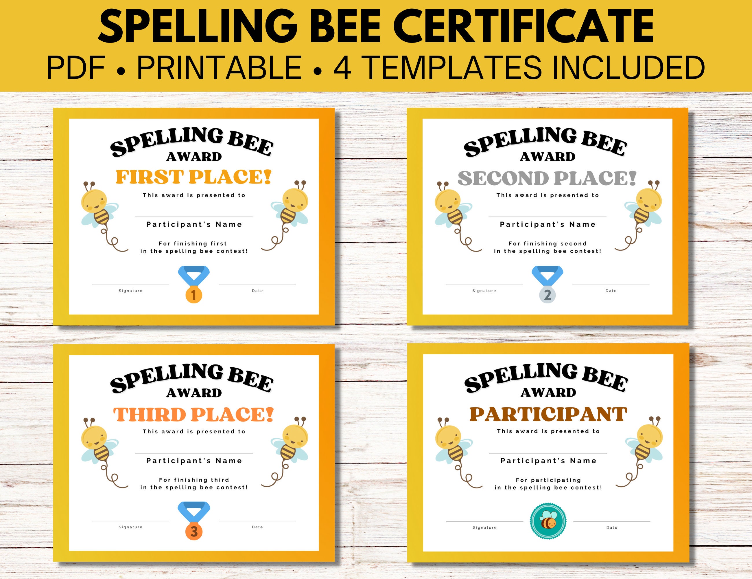 Spelling Bee Certificate Printable Spelling Bee Award Etsy
