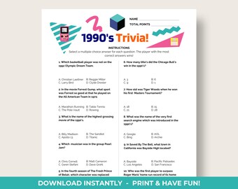 1990's Trivia Game Printable, 1990's Party Game, 1990's Quiz, Printable 1990's Trivia Game