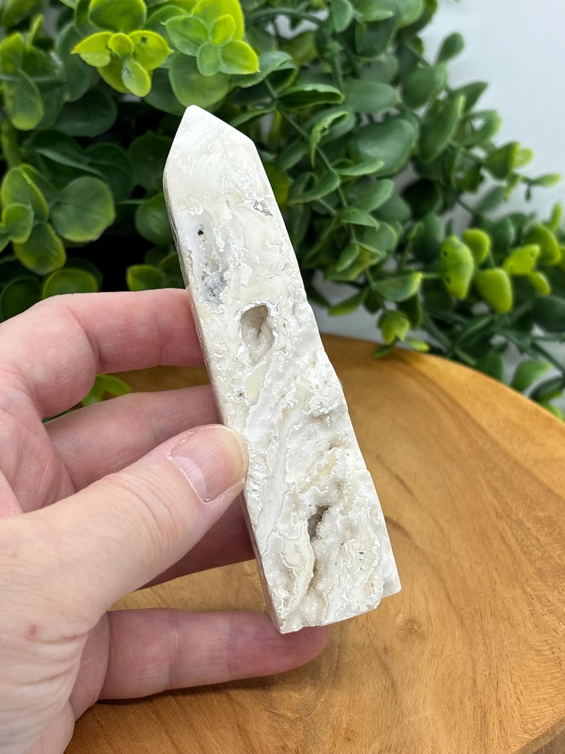 Snow Agate Tower: White Druzy Crystal Obelisk, Calming Reiki Gift A