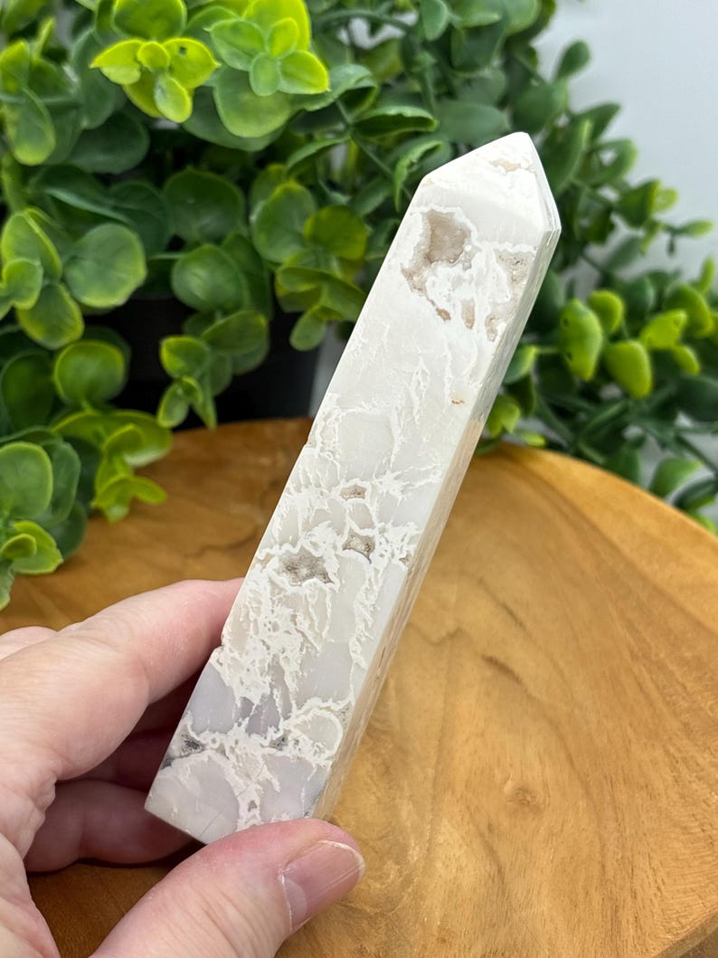 Snow Agate Tower: White Druzy Crystal Obelisk, Calming Reiki Gift B