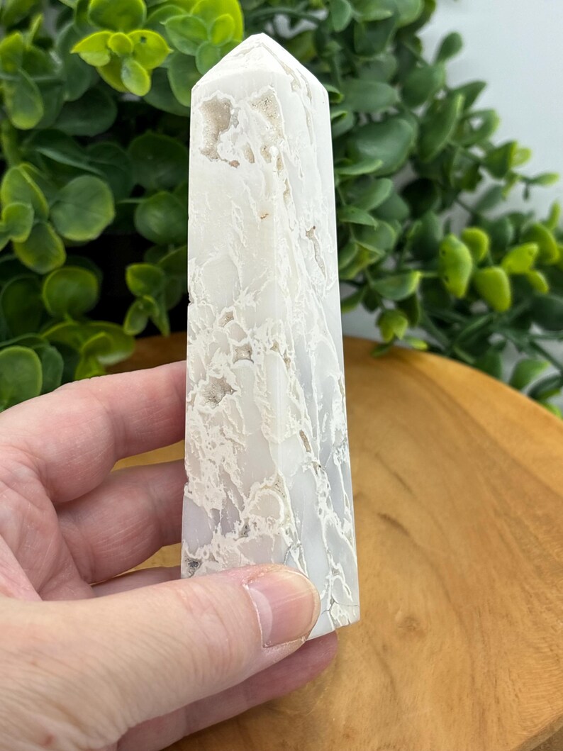 Snow Agate Tower: White Druzy Crystal Obelisk, Calming Reiki Gift image 2