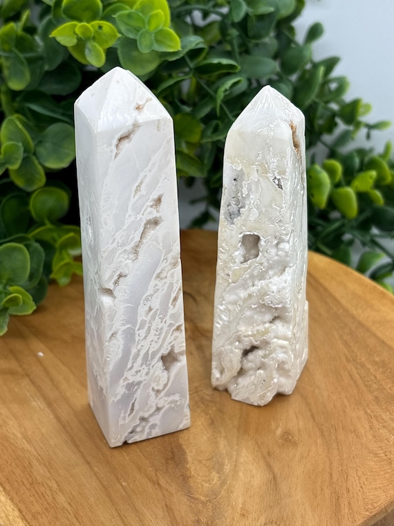 Snow Agate Tower: White Druzy Crystal Obelisk, Calming Reiki Gift