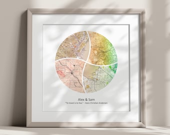 May include: A framed print with a circular map design divided into four sections. The map is in shades of brown, green, and yellow. The text "Alex & Sam" and the quote "To travel is to live." - Hans Christian Andersen are below the map.