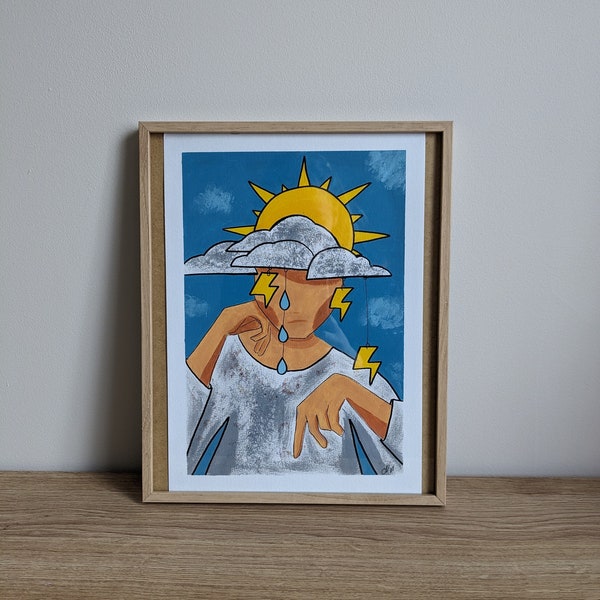 Portrait femme nuage et éclairs jaune et bleu à paillettes