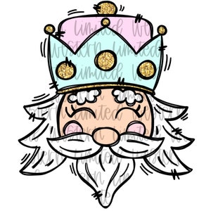 May include: A cartoon illustration of a king's face with a light peach complexion, a white beard and mustache, and a crown. The crown is light blue and pink with gold glitter accents. The image has the text "Western Limited" in the background.