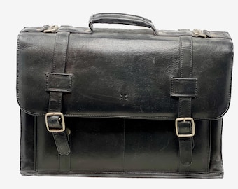 Stunning Vintage FRYE Soft Side, Flap Top, Buckle Strap Briefcase in Black Full-grain Leather