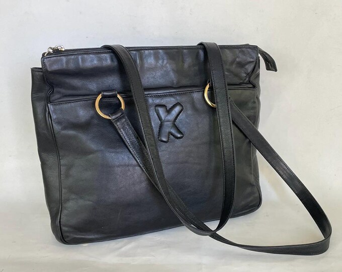 Vintage Paloma Picasso Black Leather Tote - Gold Hardware - 2 Compartments - Great Condition