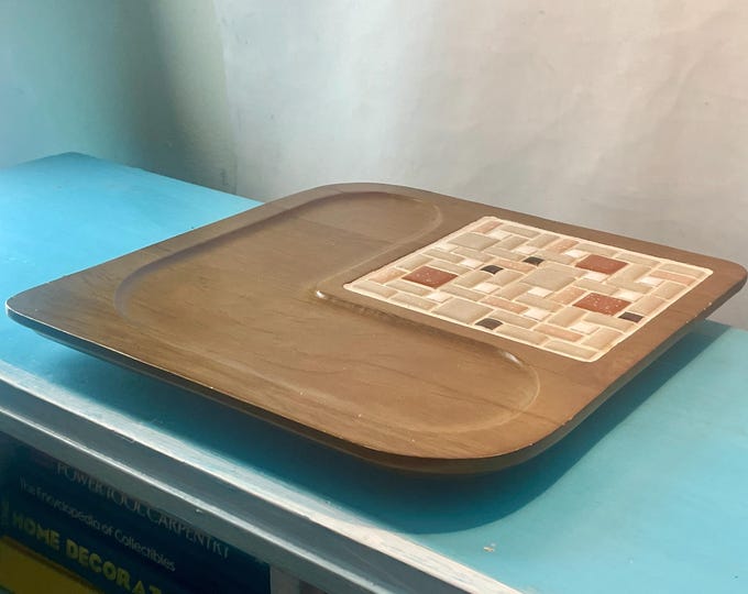 Vintage Hellerware MCM Cheese Board | Walnut + Mosaic Tile Charcuterie Tray | Mid-Century Modern Barware & Serving Tray (1970s)
