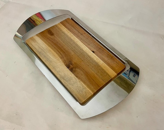 Nambé Mikko Bar Tray by Neil Cohen - Stainless Steel & Acacia Wood - Modern Serving Tray