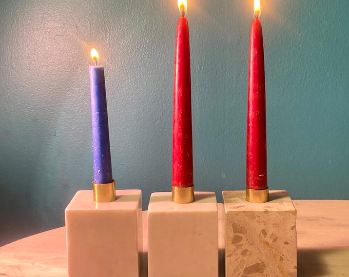 Modern Stone Taper Candle Holder Trio - White Marble & Terrazzo Cubes | Sleek Brass Plate | Elegant Home Decor