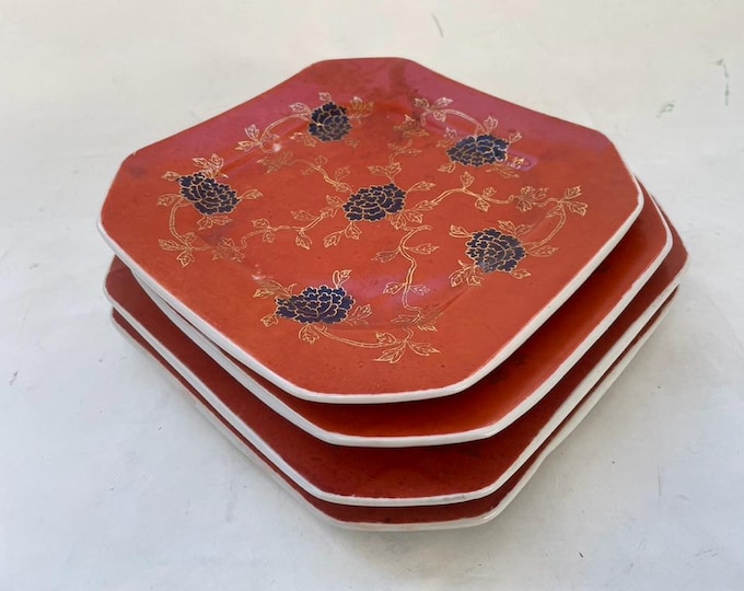 1970s Neiman Marcus Octagonal Hand-Painted Dessert Plates in Burnt Orange, Navy & Gold