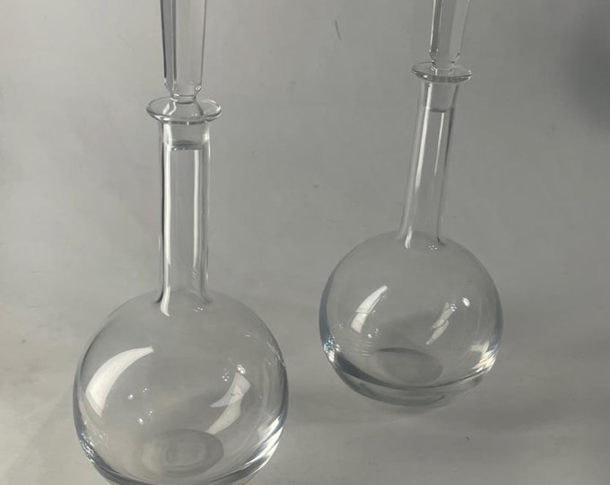 Rare Pair Vicke Lindstrand Orrefors Crystal Decanters - Self-Righting Weighted Base | Vintage MCM Swedish Art Glass (LA 416)