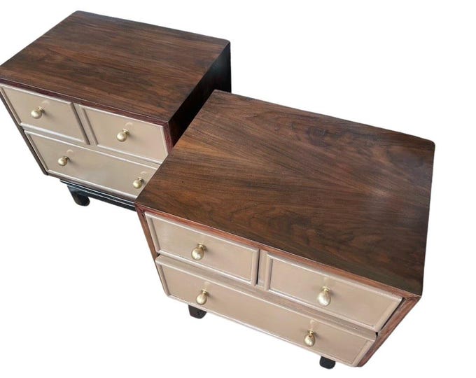 Pair of American of Martinsville Nightstands - Restored - Dark Walnut & Butterscotch Lacquer - Mid-Century