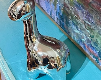 Vintage Chromed Baby Giraffe Piggy Bank | 9" Tall Metal Coin Bank with Original Stopper | Charming Nursery Decor | Animal Figurine