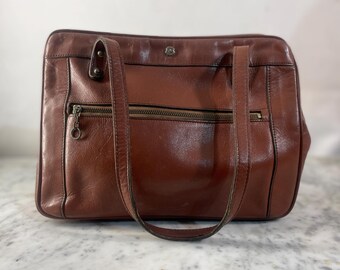 Vintage Leather Handbag by John Romain in Chestnut with Brass Hardware, Handmade in USA, circa 1970s