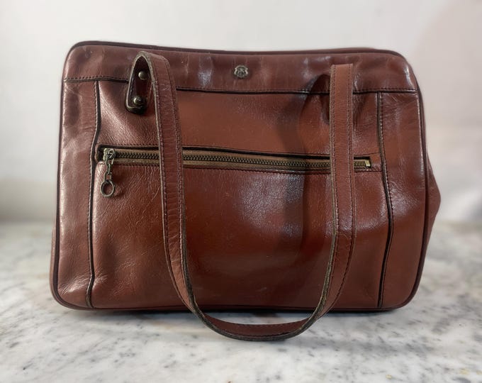 Vintage Leather Handbag by John Romain in Chestnut with Brass Hardware, Handmade in USA, circa 1970s
