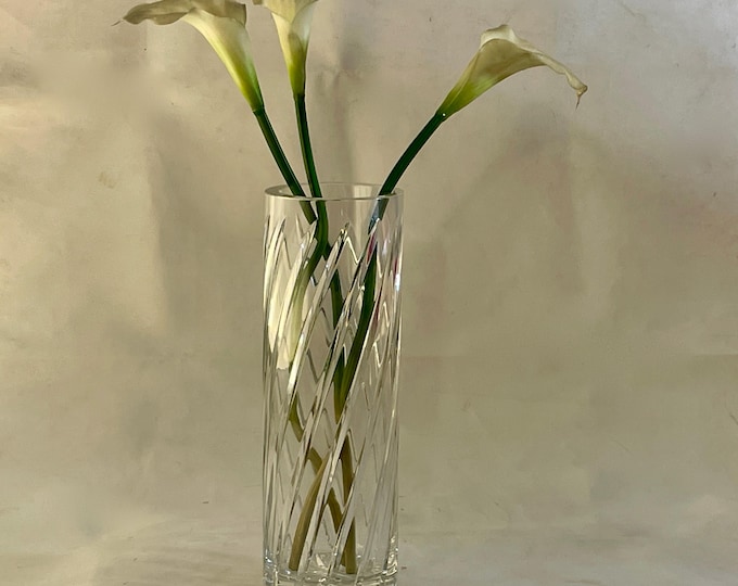 Heavy Art Deco Style Cut Crystal Vase with "Pineapple" Pattern