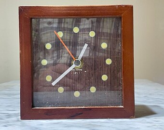Vintage Todd Oldham for La-Z-Boy Square Tabletop Clock | Natural Cherry Finish | Yellow Dot Numbers