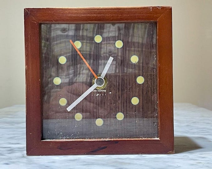 Vintage Todd Oldham for La-Z-Boy Square Tabletop Clock | Natural Cherry Finish | Yellow Dot Numbers