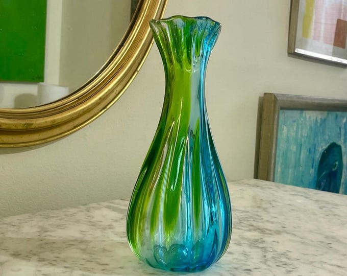 Vintage Italian Mid-Century Ribbed Green and Blue Hand-blown Art Glass Vase