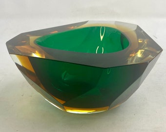 Vintage Flavio Poli for Seguso Murano Glass Bowl/Ashtray - Emerald & Amber - Faceted Gem Cut
