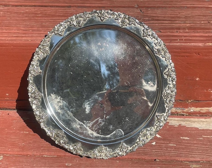 Vintage Silver-Plated Serving Tray with Grapevine Border