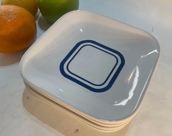 Nautica Salad Plates | Set of 4 | Navy Blue Stripe | Square Plates | Coastal Vibe | Classic White Ceramic