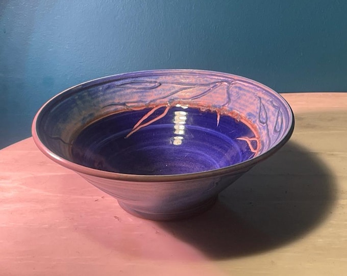 Exceptional Late 1980s Signed Art Pottery Bowl - Deep Indigo & Pale Blue with Mauve Botanicals - Studio Ceramic Masterpiece