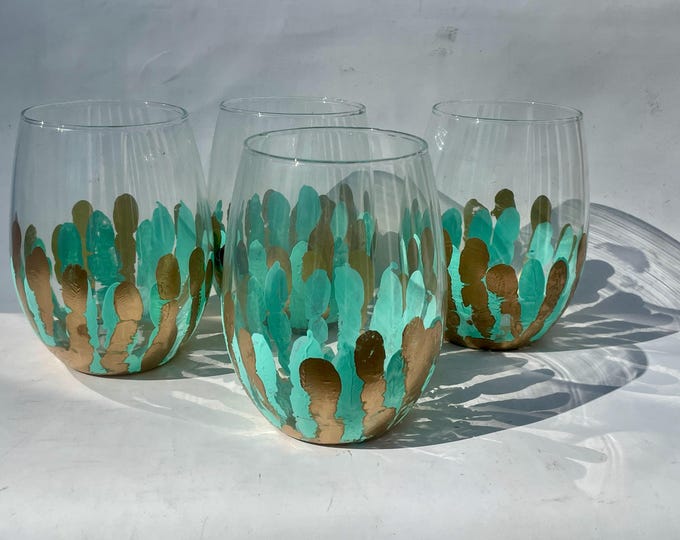 Set of 4 Vintage Green & Gold Hand-painted Stemless Wine Glasses