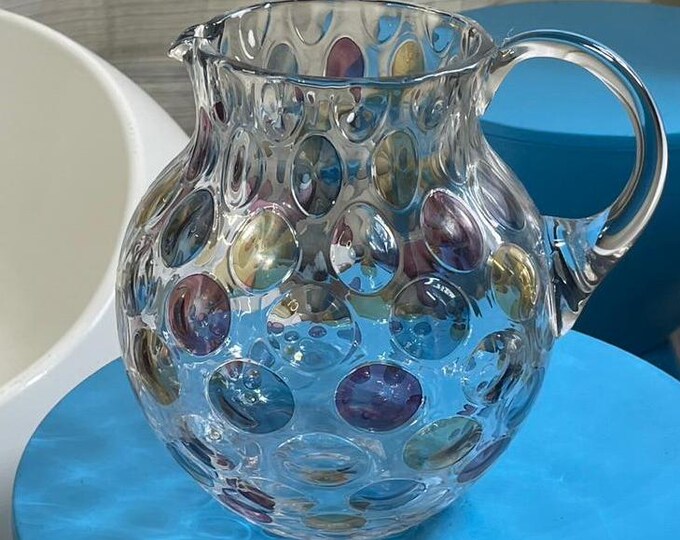 Vintage Borske Sklo "Nemo" Pitcher - Czech Art Glass - Multicolor Dots - Thumbprint Design - 7 1/4"