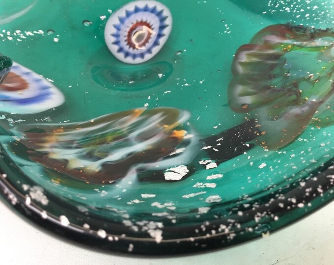 Vintage MCM Murano Millefiori Pinched Glass Ashtray in Emerald