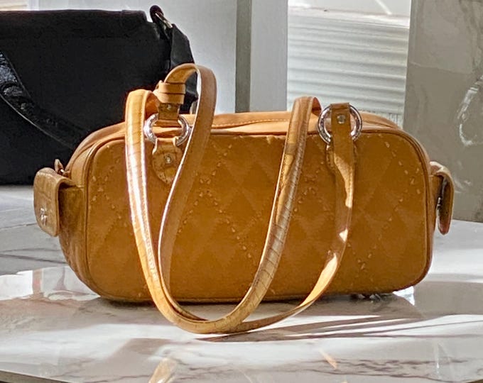Brighton Bijoux Quilted Leather Shoulder Bag | Tan Heart Charm Handbag | Silver-Toned Hardware