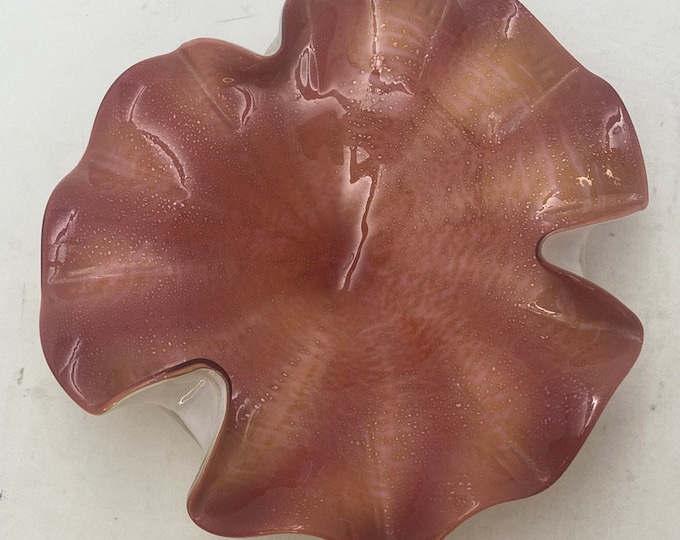Vintage, Hand-Blown Murano Bowl in Mauve Gradient With Gold Leaf, circa 1960s