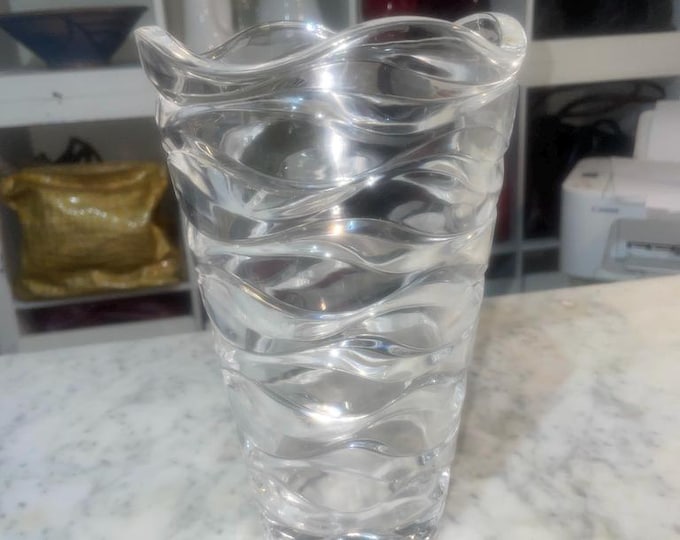 Vintage Mikasa Atlantic Wave Crystal Vase | Heavy Clear Art Glass Ribbed Vase | 11" Tall Mid-Century Modern Decor