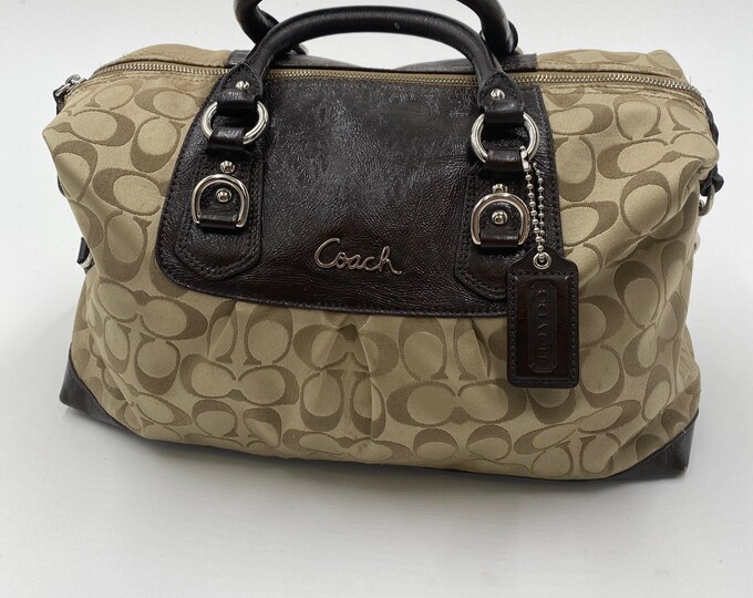 Coach Ashley Signature Sateen Satchel - F15440 - Khaki/Mahogany - Convertible Strap - Very Good Condition