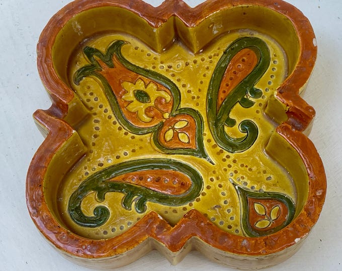 Vintage MCM Ceramic Ashtray, in Mustard with Paisley, by Aldo Londi for Bitossi, Italy circa 1960s