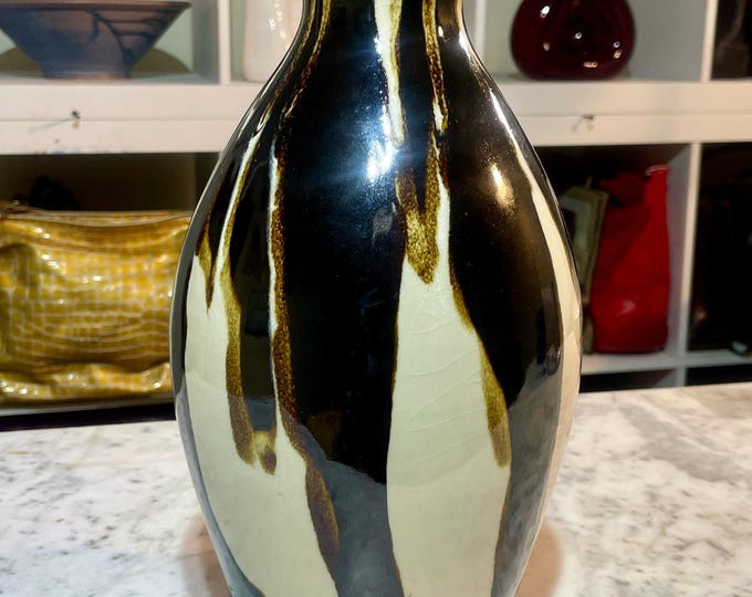 Unique Shiwan Pottery Vase - Lemax Earthtone Drip Glaze - Handmade Chinese Art Pottery - 10.5" Tall