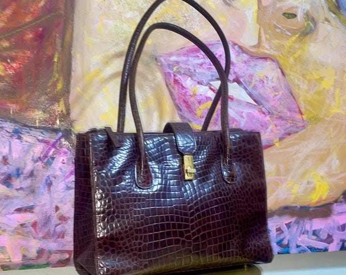 Vintage Etienne Aigner Dark Brown Croc-Embossed Leather Shoulder Bag