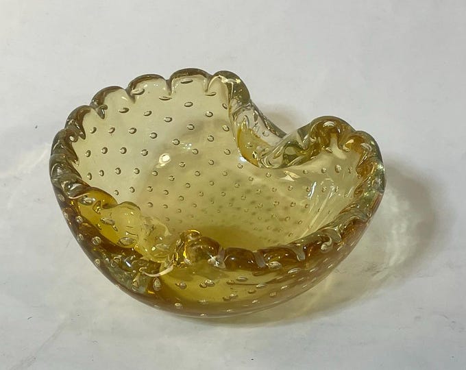 Vintage Bullicante Italian Art Glass Controlled Bubble Rolled Edge Gold Oval Bowl Dish