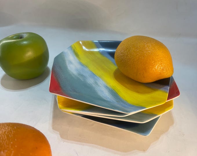 Rare! Diane von Furstenberg Shabby Stripe Dessert Plates | Set of 4 | Multicolor Porcelain | Geometric Design | Collectible