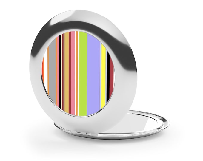 Striped Travel Mirror: Compact Makeup Accessory with Metal Case