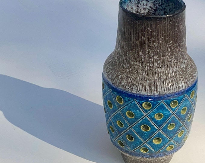 Vintage Large Scale Blue/Gold/Gray Polka Dot Vase, Bitossi, signed, Italy, circa 1970