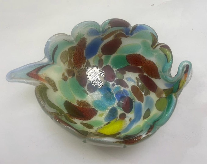 Vintage Murano Glass Leaf Bowl | Multicolor Murrine & Gold Flecks | Italian Art Glass Tray | Mid-Century Modern