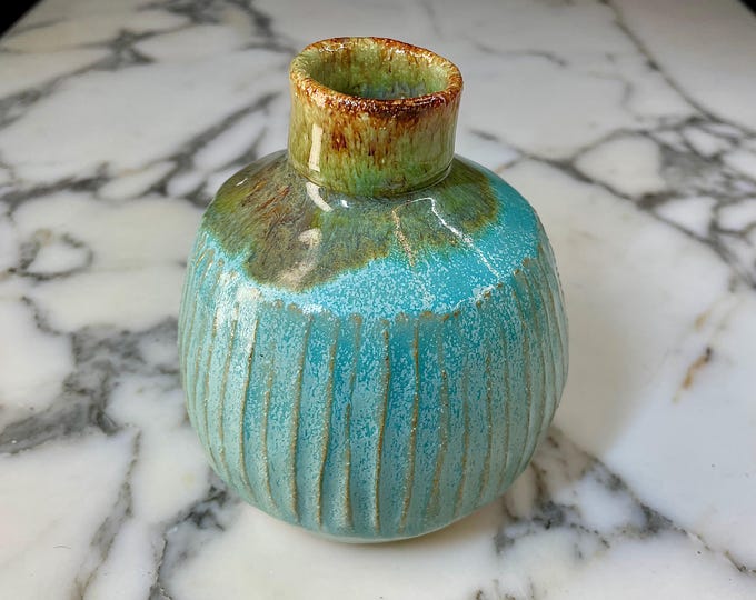 Handmade Ceramic Vase - Robin's Egg Blue & Moss - Carved Linear Design - Signed - 6" Tall