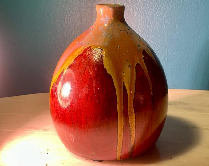 Vintage Mid-Century Studio Pottery Vase: Red & Black Drip Glaze, Signed XH