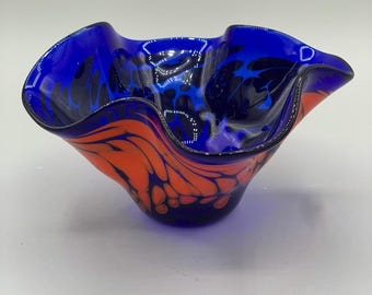 Vintage Hand-blown Art Glass Ruffle Bowl by Somewhere Glassworks, Florida