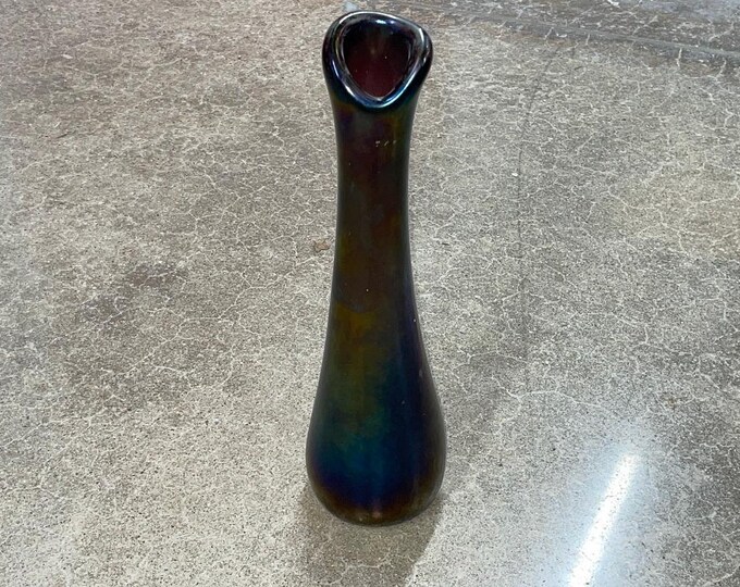 Vintage Iridescent Purplish Black Swung Glass Vase - Art Glass - Sensual Form - 13" Tall - Signed (Illegible)