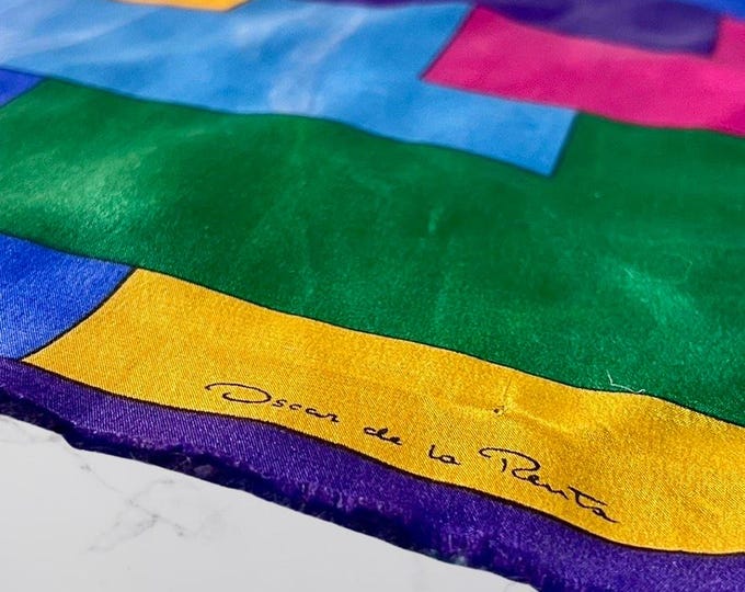 Vintage Oscar de la Renta Silk Scarf - 80s Color Block - Jewel Tones - 25.5" x 12"
