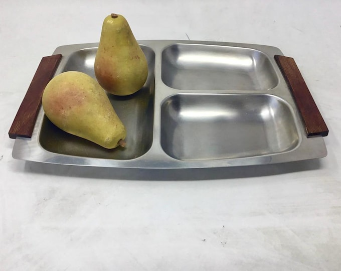 Vintage Rostfrei Stainless Steel Three Compartment Serving Tray with Teak Handles, circa 1960s