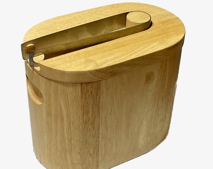 Georges Briard Blonde Teak & Steel Ice Bucket w/ Integrated Tongs | Mid-Century Modern Barware | Made in Thailand
